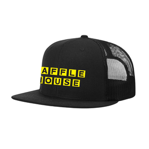 Black Flat Billed trucker hat with Waffle House logo