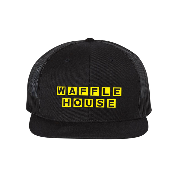 Black flat billed trucker hat with yellow Waffle House logo.