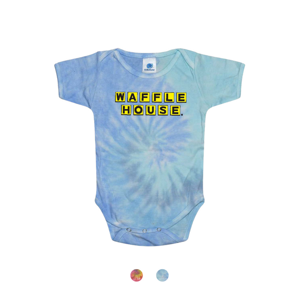Blue colored tie dye child's onesie with Waffle House logo printed in red and yellow