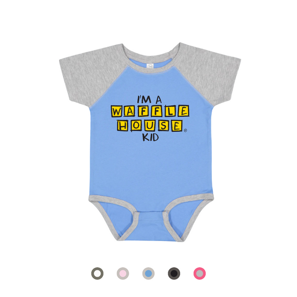 Blue onesie with grey sleeves and trim with “I’m a Waffle House Kid” printed.