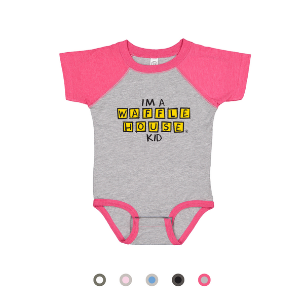 heather gray onesie with pink sleeves and trim with “I’m a Waffle House Kid” printed.