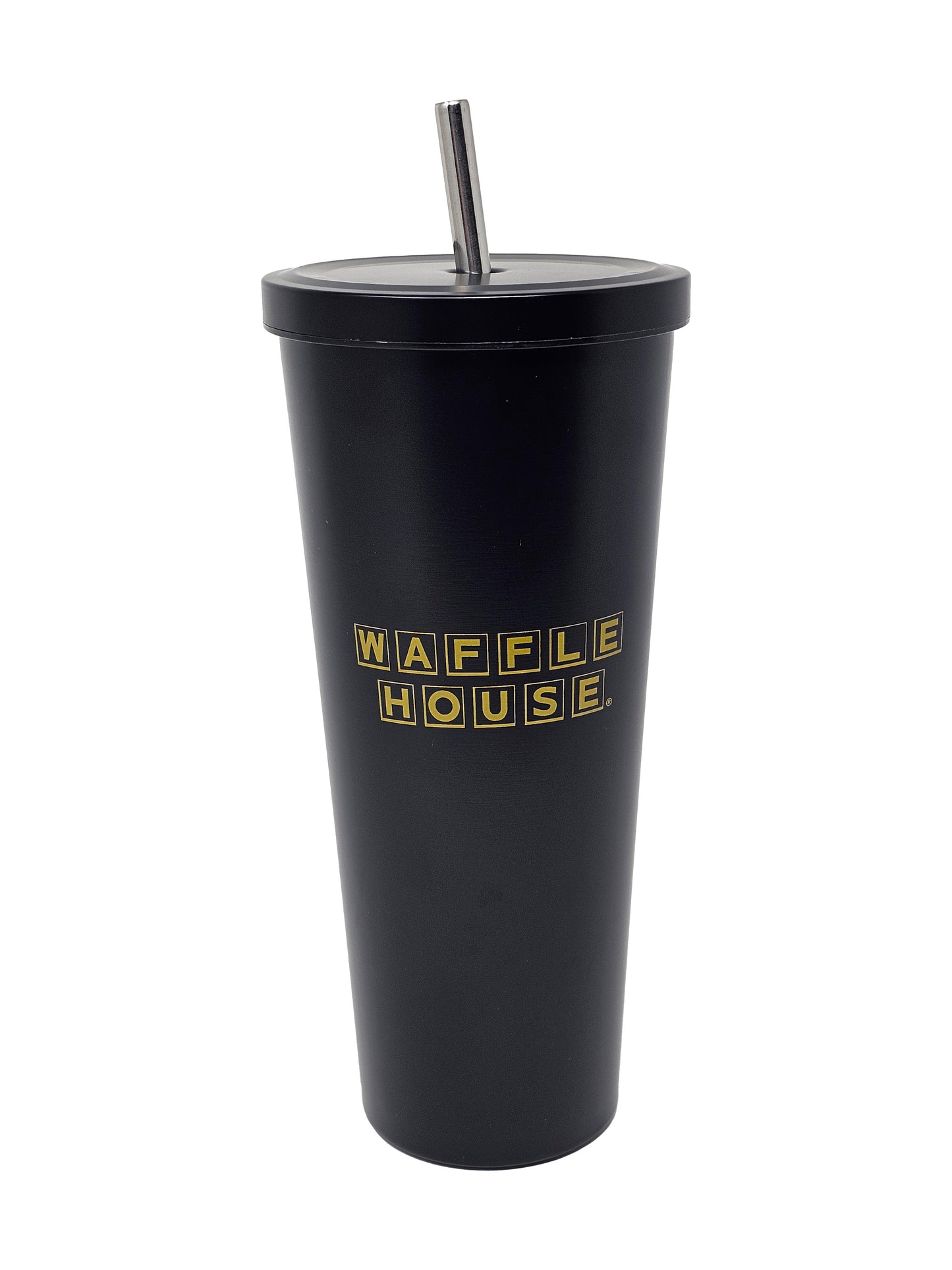 black tall skinny tumbler with straw Waffle House logo in yellow printed