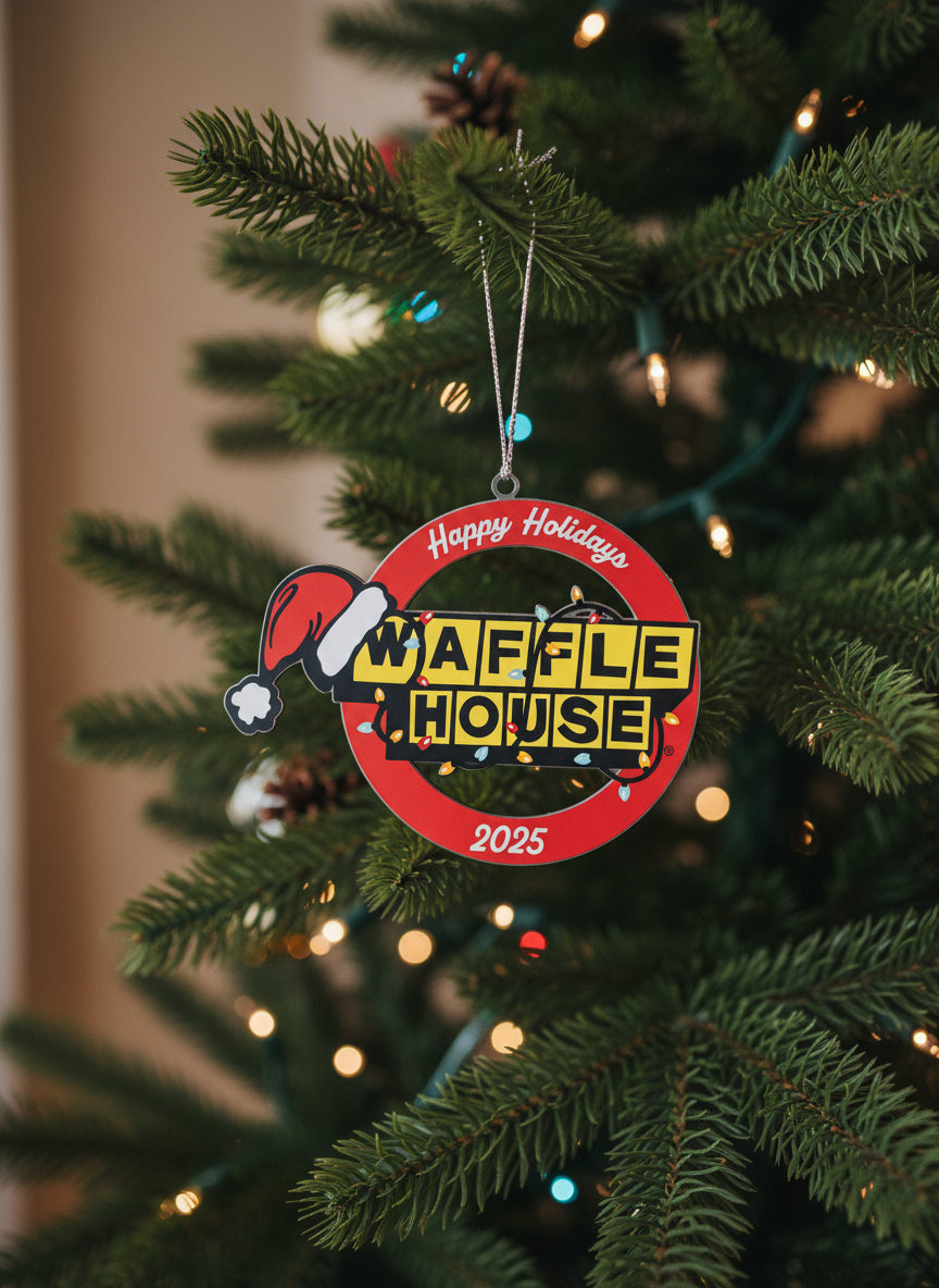 Waffle House ornament with 'Happy Holidays' text