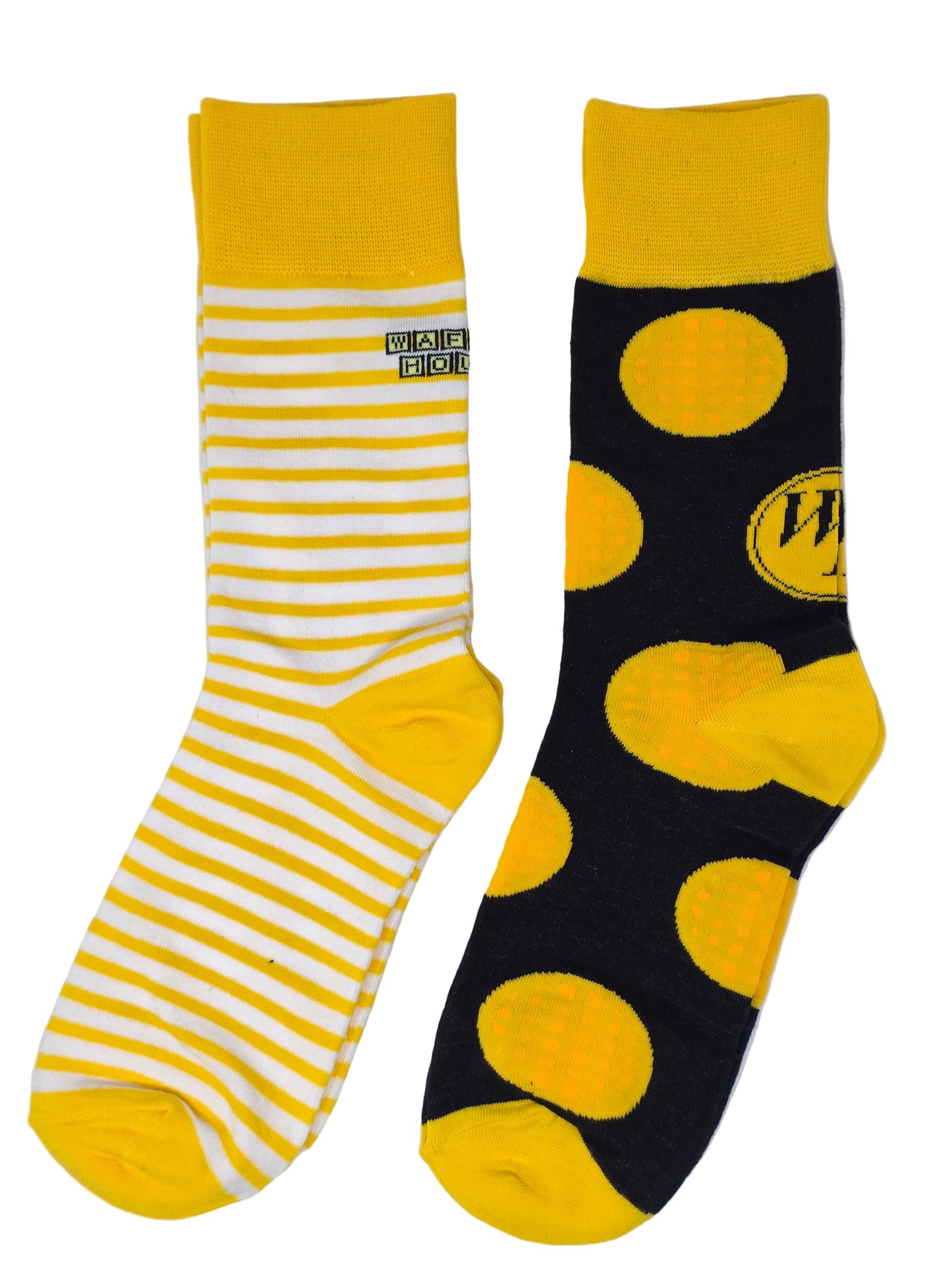 They’re a pair of bright yellow-themed crew socks, one covered in white and yellow stripes with a tiny Waffle House logo, and the other black with big yellow circles that are designed to look like waffles.