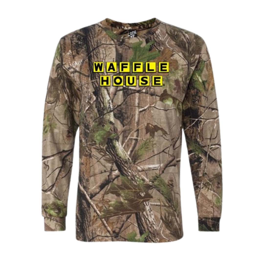 long sleeve camo shirt with Waffle House black and yellow logo on the front