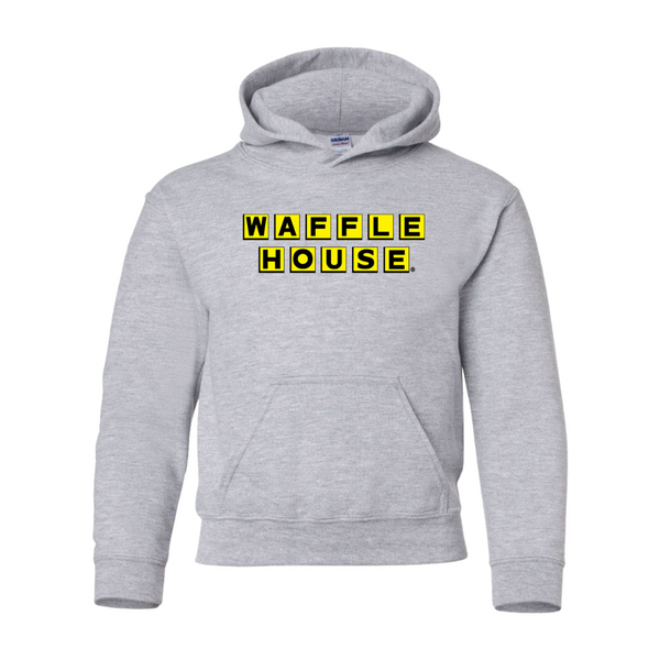 front of grey hooded sweatshirt with Waffle House logo in yellow and black on chest