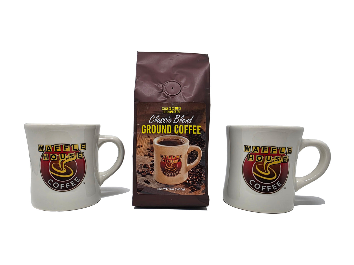 Two white mugs with a coffee house logo and a 13oz bag of ground coffee