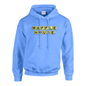 Bright blue hoodie sweatshirt with yellow and black Waffle House logo on chest