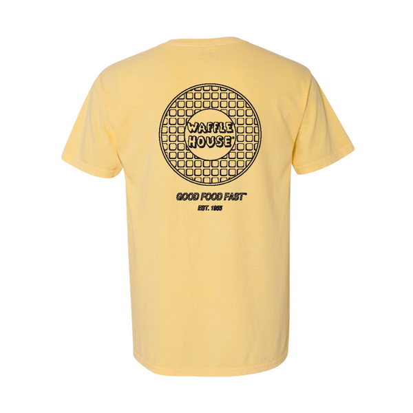 Light yellow t-shirt with retro Waffle House waffle logo on pocket of front and back view of retro logo Waffle House waffle logo and Good Food Fast printed beneath