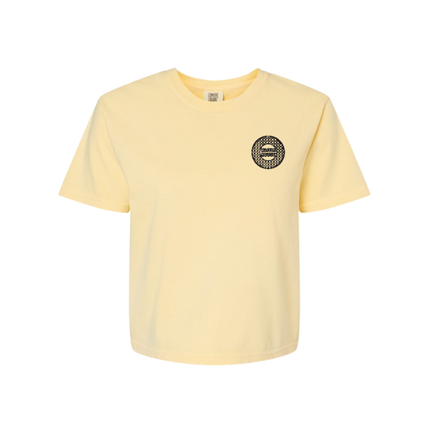 Cropped light yellow t-shirt with retro Waffle House waffle logo on left chest on front and back view of retro logo Waffle House waffle logo and Good Food Fast printed beneath