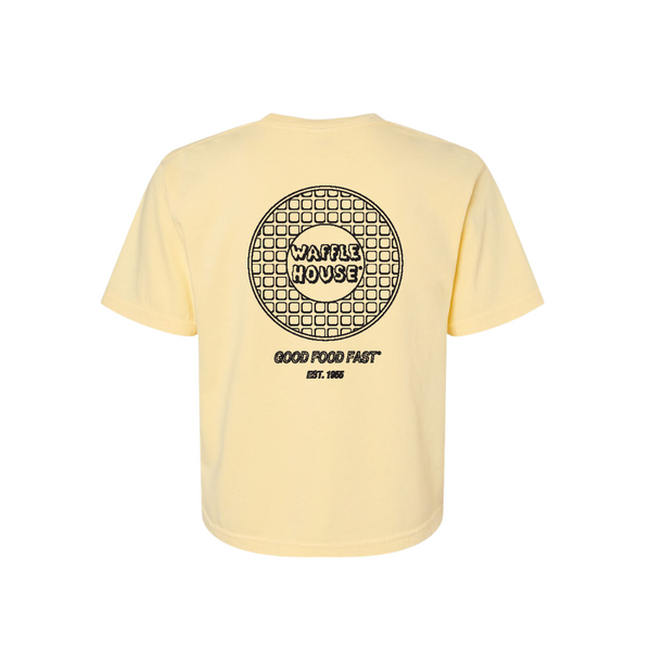 Cropped light yellow t-shirt with retro Waffle House waffle logo on left chest on front and back view of retro logo Waffle House waffle logo and Good Food Fast printed beneath