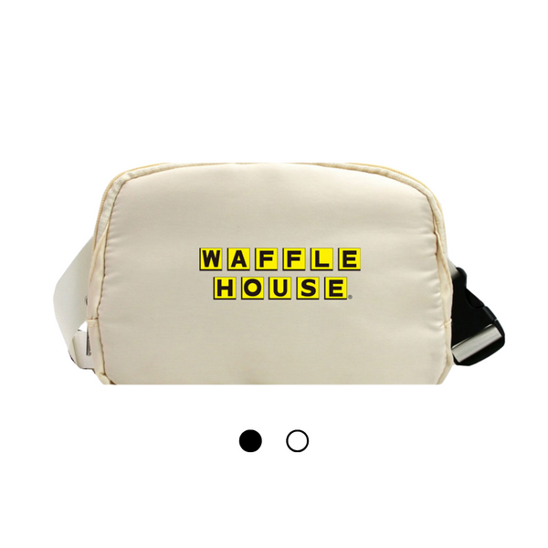 Off white color cross body pack with zipper and buckle with yellow and black Waffle House logo