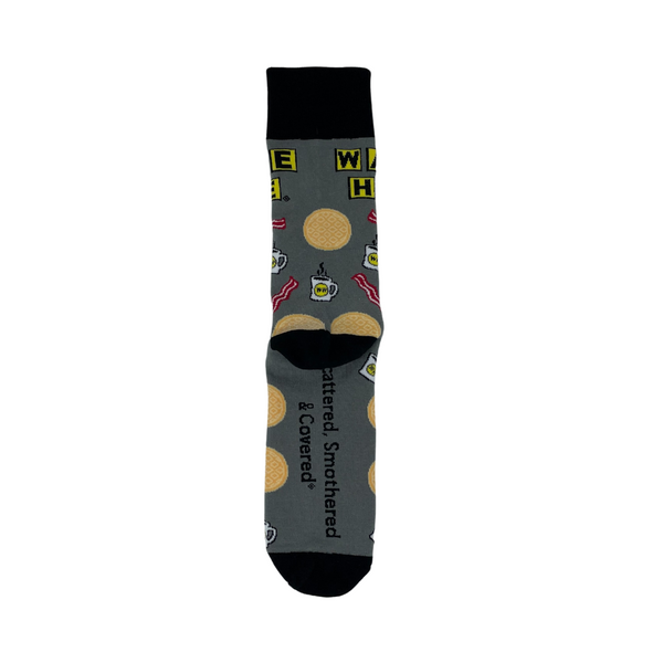 Back view of one gray sock with black trim and images of waffles, bacon and coffee and the Waffle House logo.