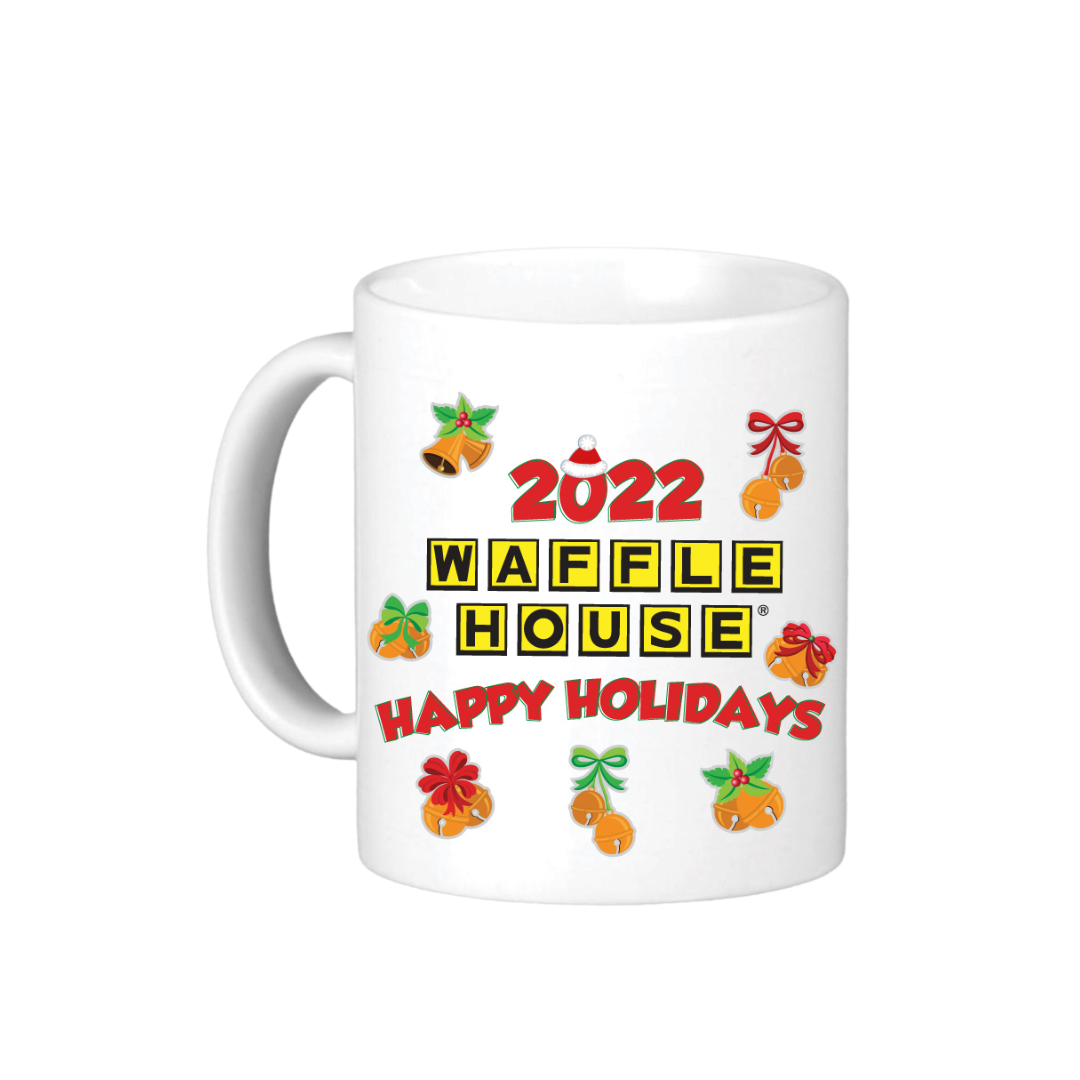 front view of ceramic coffee mug with waffle character surrounded by holiday bells, back view of mug with yellow and black Waffle House logo and happy holidays text surrounded by holiday bells Edit alt text