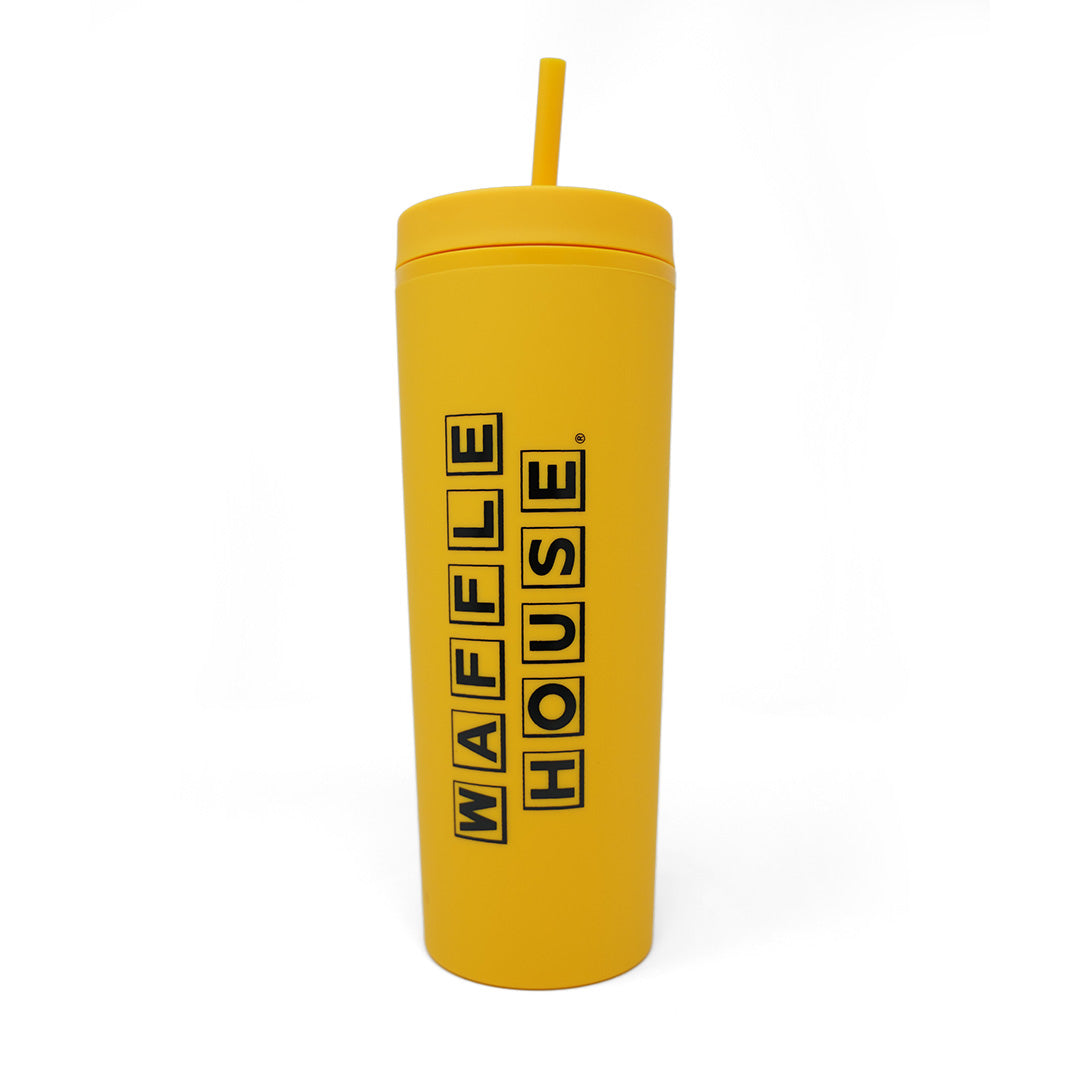 yellow tumbler with straw and black Waffle House logo