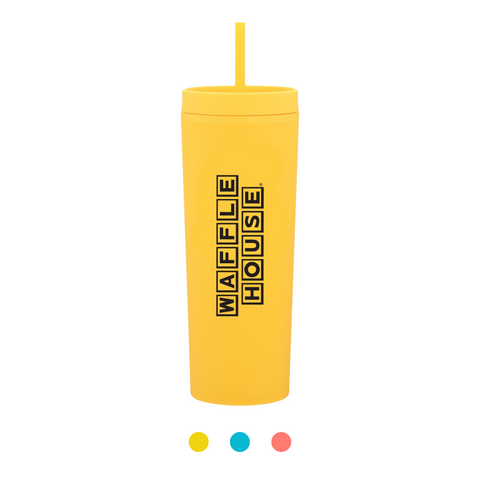 Bright Yellow tumbler with yellow lid and straw and black Waffle House logo