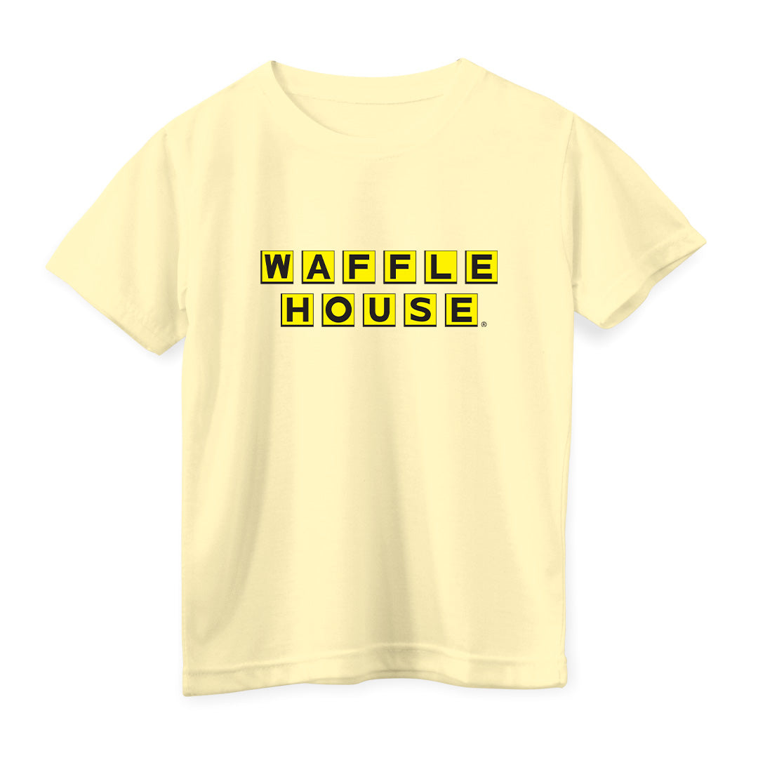 light yellow color youth t-shirt with Waffle House logo on front
