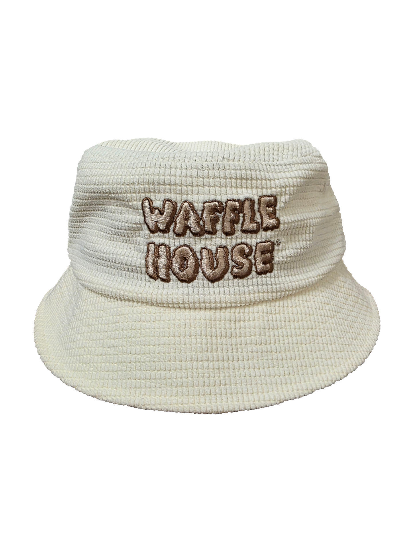 It’s a soft, cream-colored bucket hat with a waffle textured fabric and big brown embroidered letters spelling “Waffle House” on the front.
