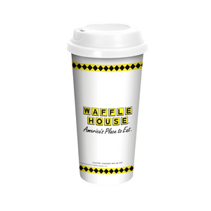 White Waffle House tumbler with Waffle House logo printed with America's Place to Eat printed beneath