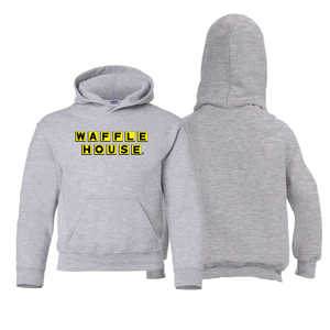 picture of front and back of grey hooded sweatshirt with Waffle House logo in yellow and black on chest
