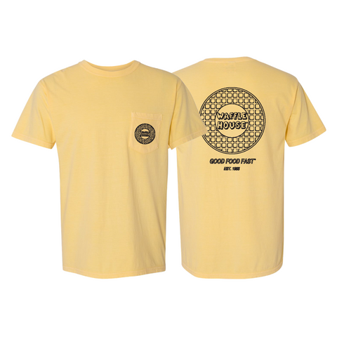 Front of yellow shirt with Waffle House waffle logo on pocket of left chest and the back of the yellow shirt with the same imprint plus Good Food Fast Est 1955" underneath
