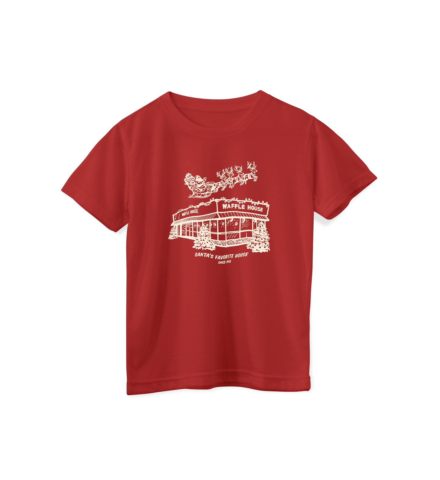 Youth red T-shirt featuring a cream-colored drawing of Santa and his reindeer flying over a snowy Waffle House with the words “Santa’s Favorite House Since 1955.