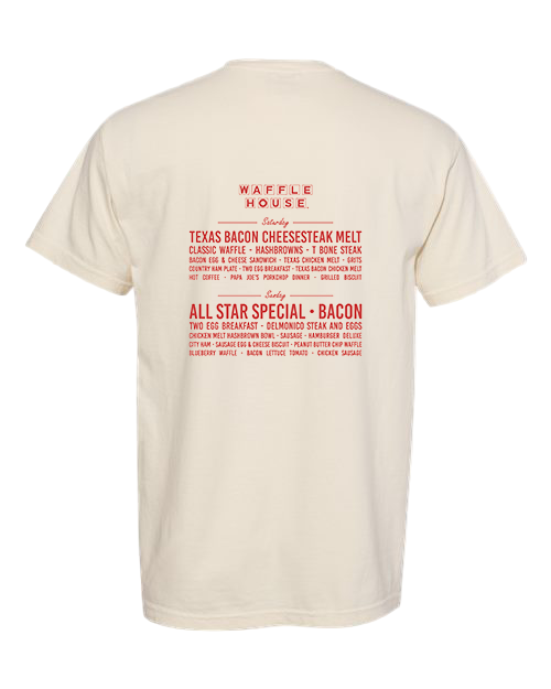 Ivory t-shirt with a red waffle records information on the back