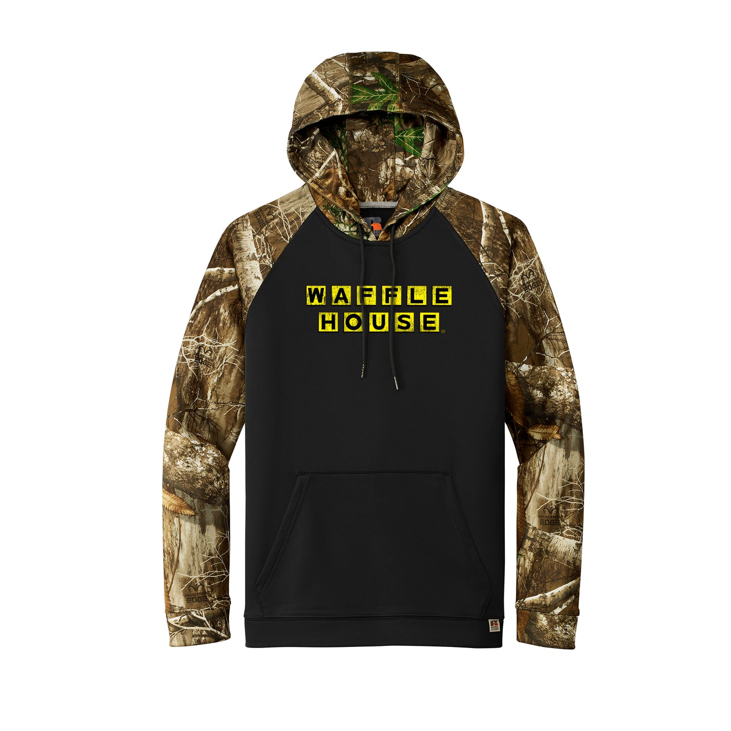 hoodie with camo sleeves and hood and black body with a Waffle House logo printed on the front