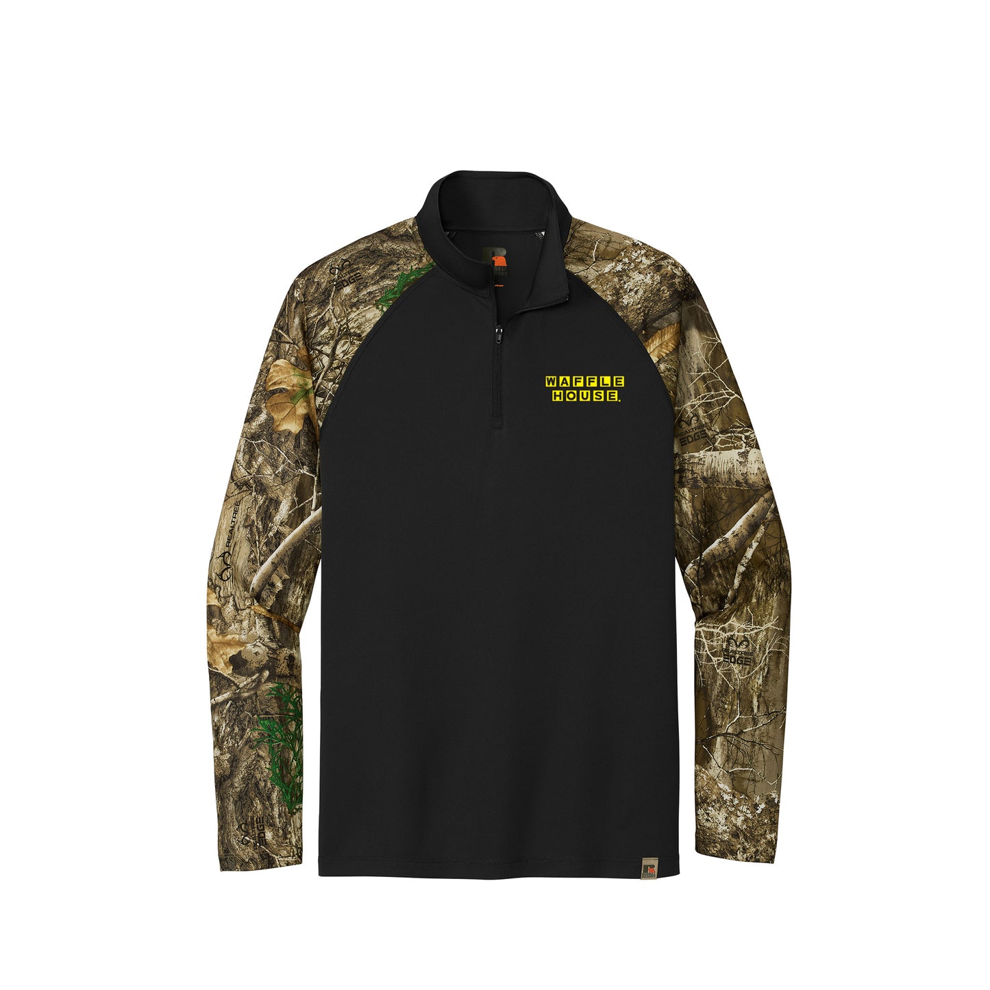 1/4 zip with camo sleeves and black body with Waffle House printed on the left chest