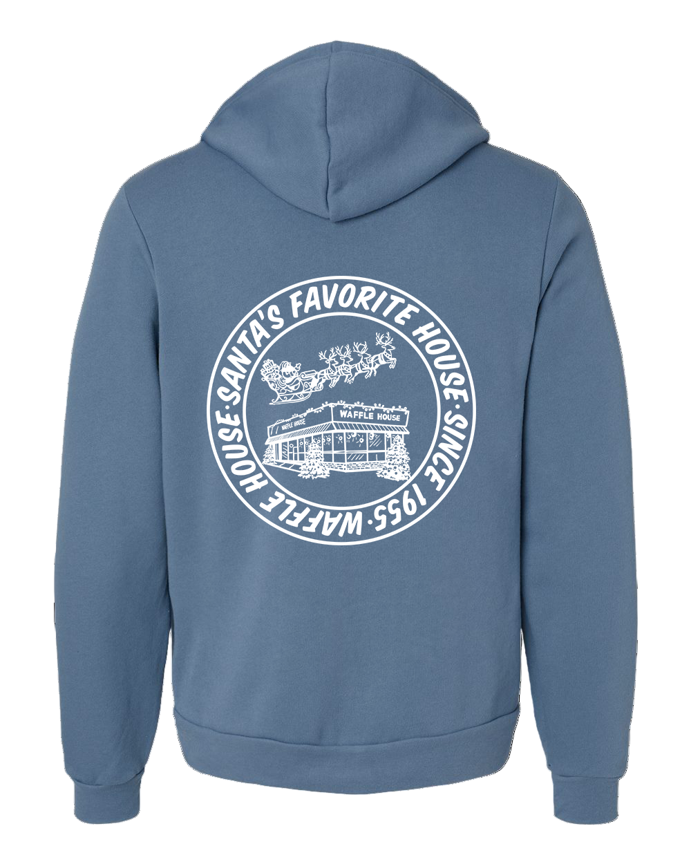 Blue hoodie featuring a large white circular design of Santa flying over a snowy Waffle House with the words “Santa’s Favorite House — Waffle House — Since 1955” wrapped around it.