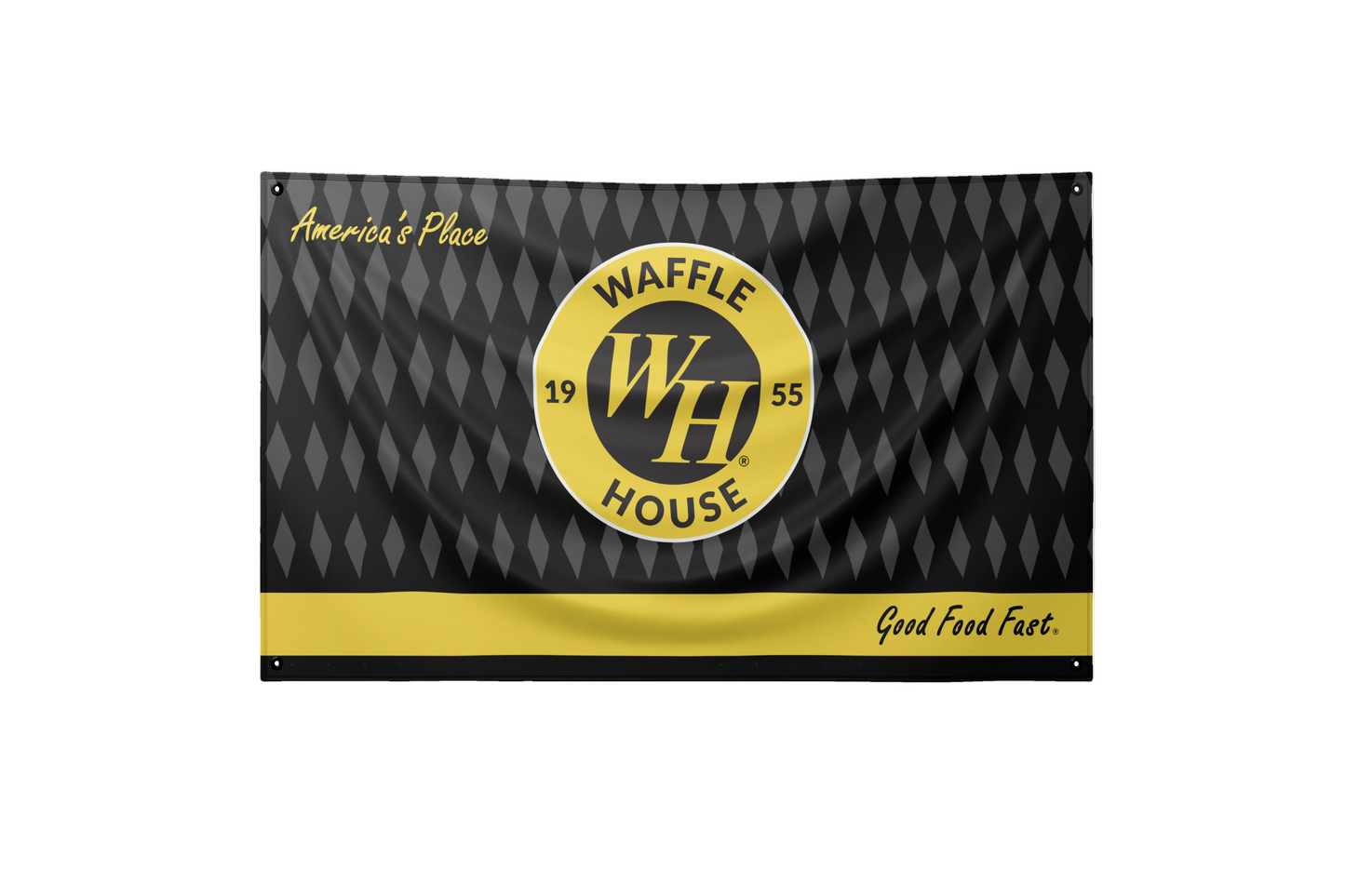 Waffle House branded flag with yellow and black design