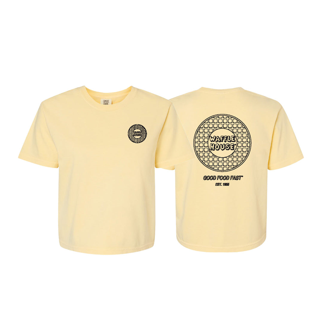 Cropped light yellow t-shirt with retro Waffle House waffle logo on left chest on front and back view of retro logo Waffle House waffle logo and Good Food Fast printed beneath