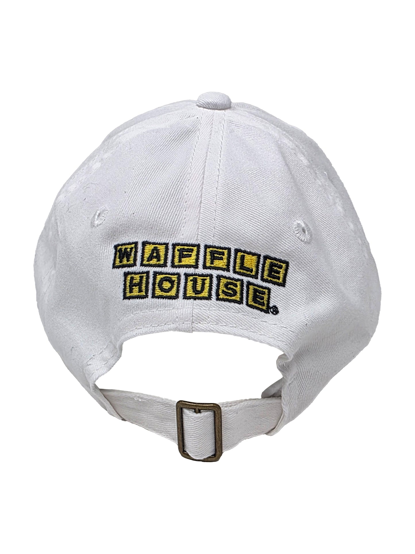 White cap with 'Waffle House' logo on a white background