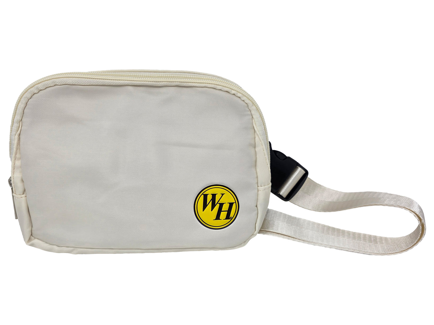Light Ivory belt bag with a yellow logo on a white background