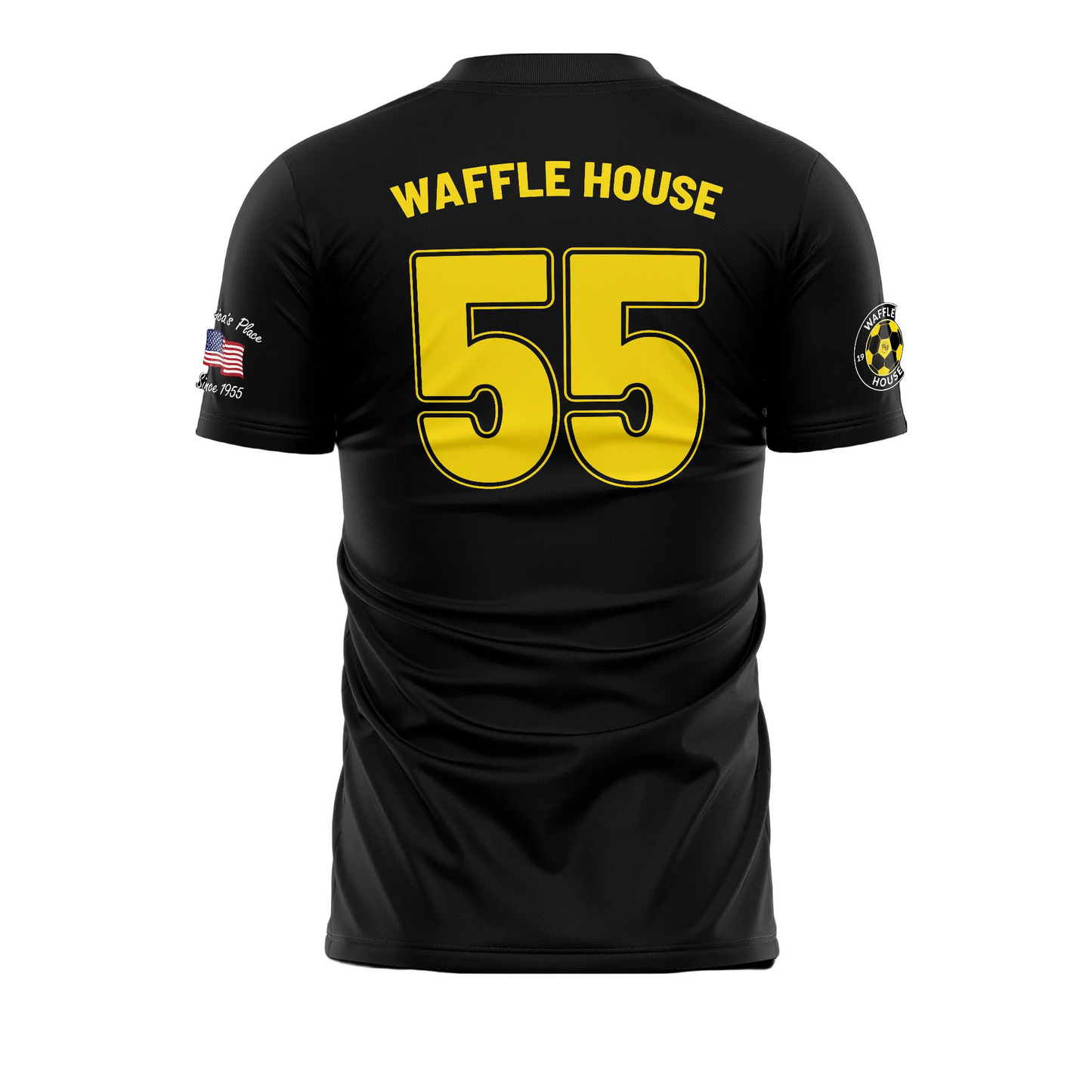 Black t-shirt with 'Waffle House 55' printed on the back against a white background