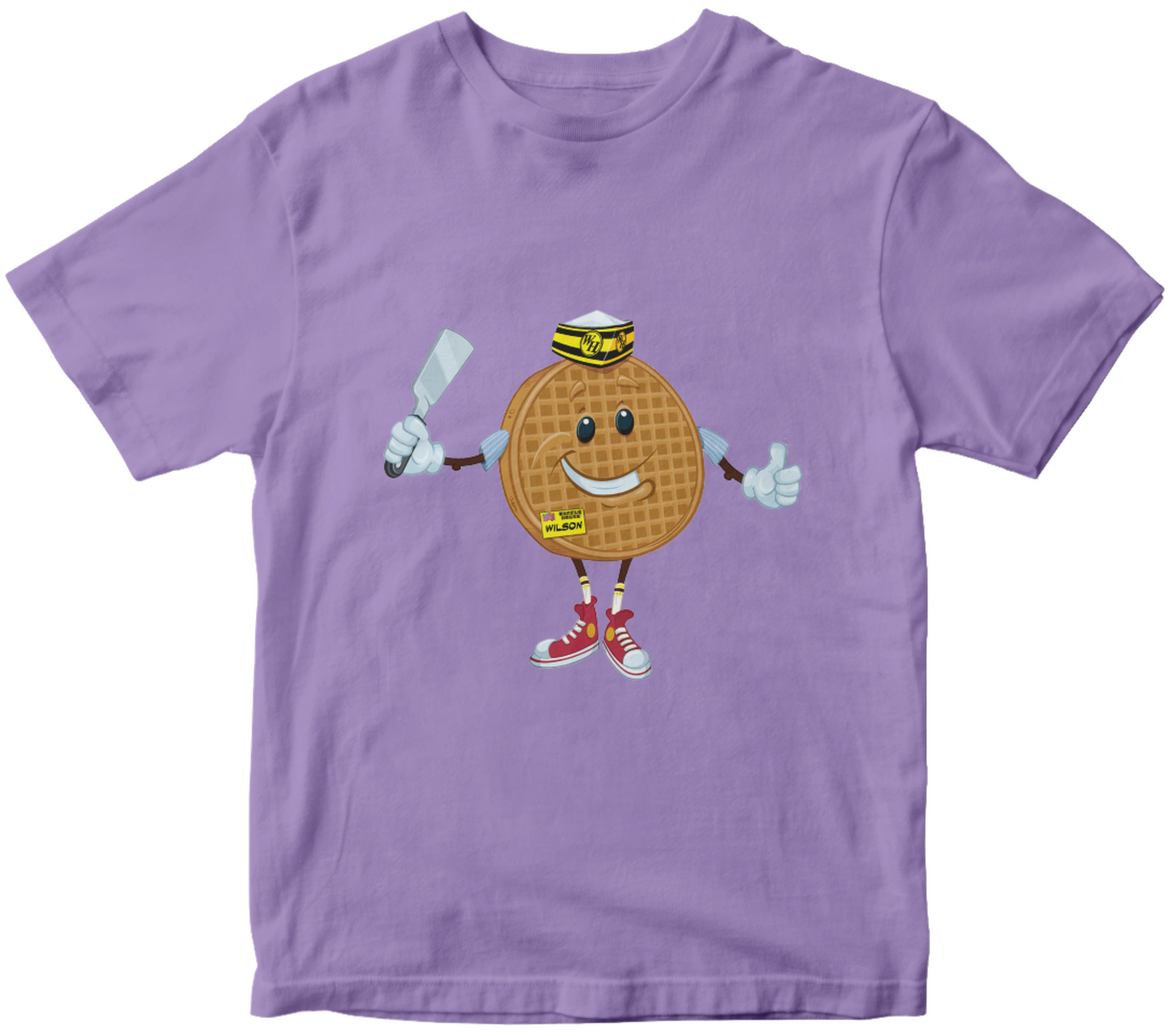 Lavender purple t-shirt with a cartoon Wilson waffle character holding a spatula