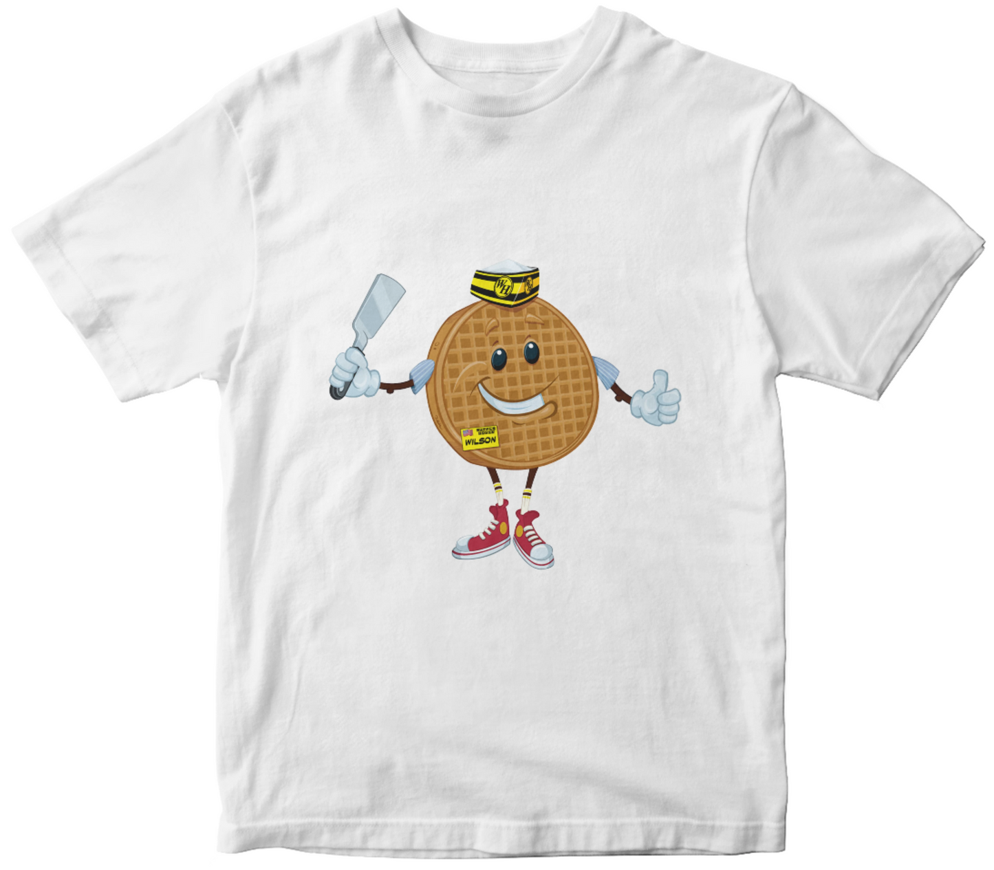White t-shirt with a cartoon Wilson waffle character holding a spatula