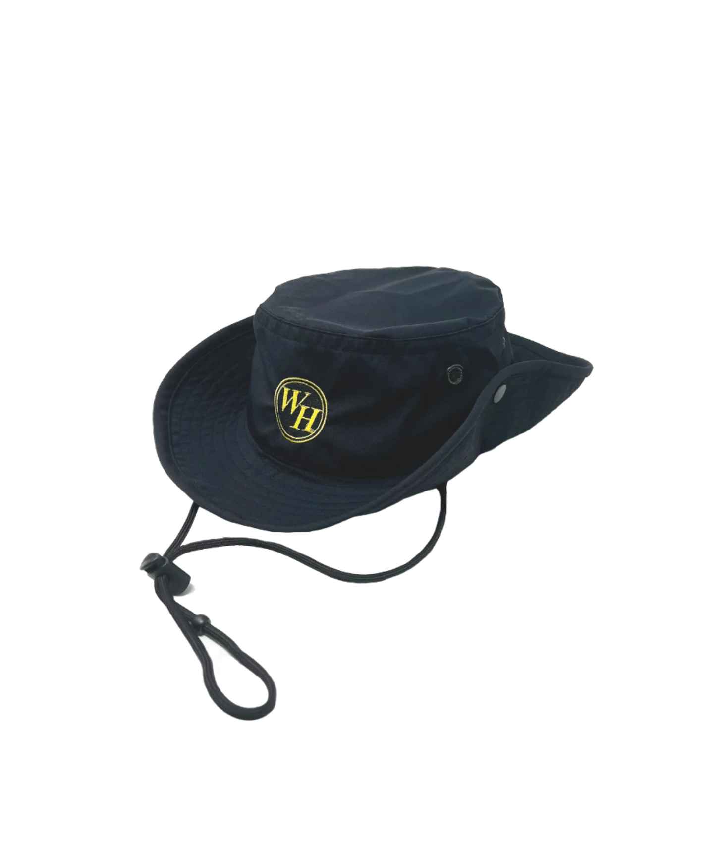Black bucket hat with a logo on a white background