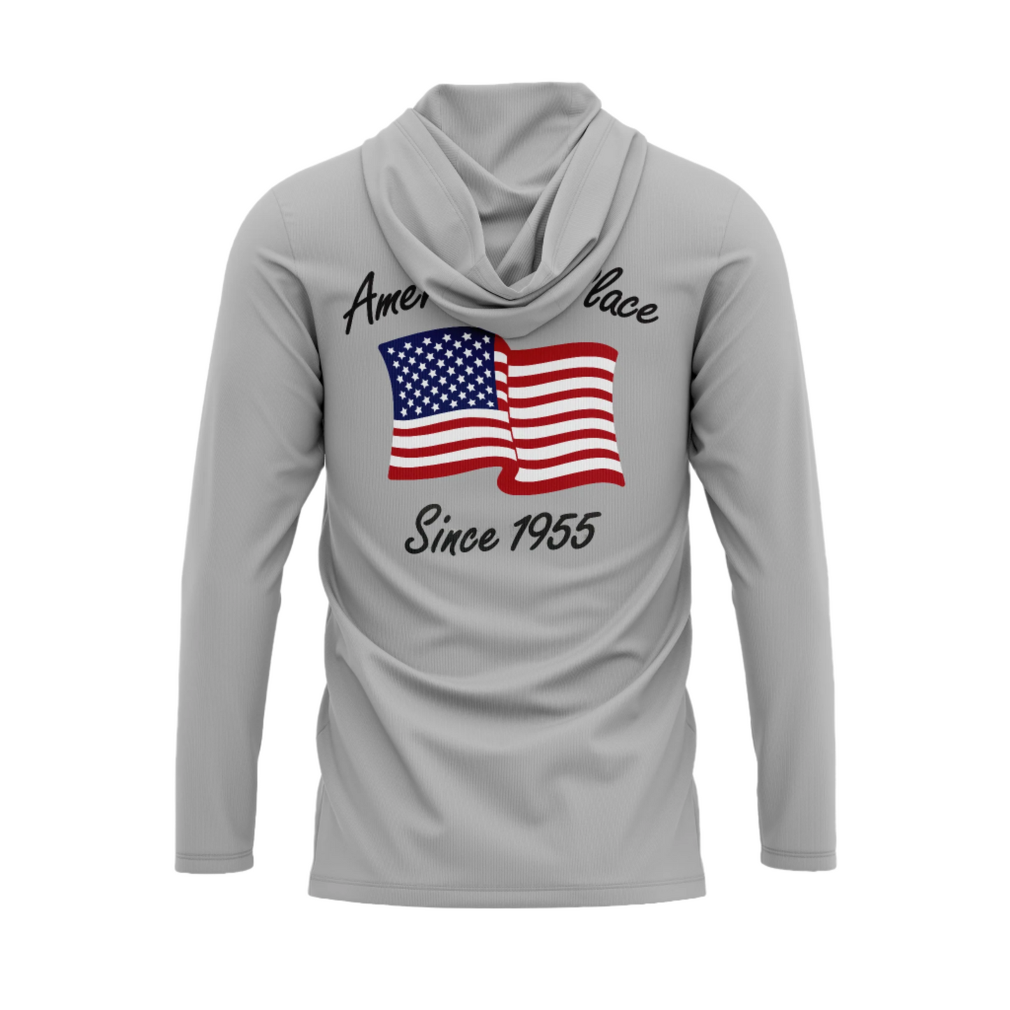 Gray hoodie with American flag and text on a white background