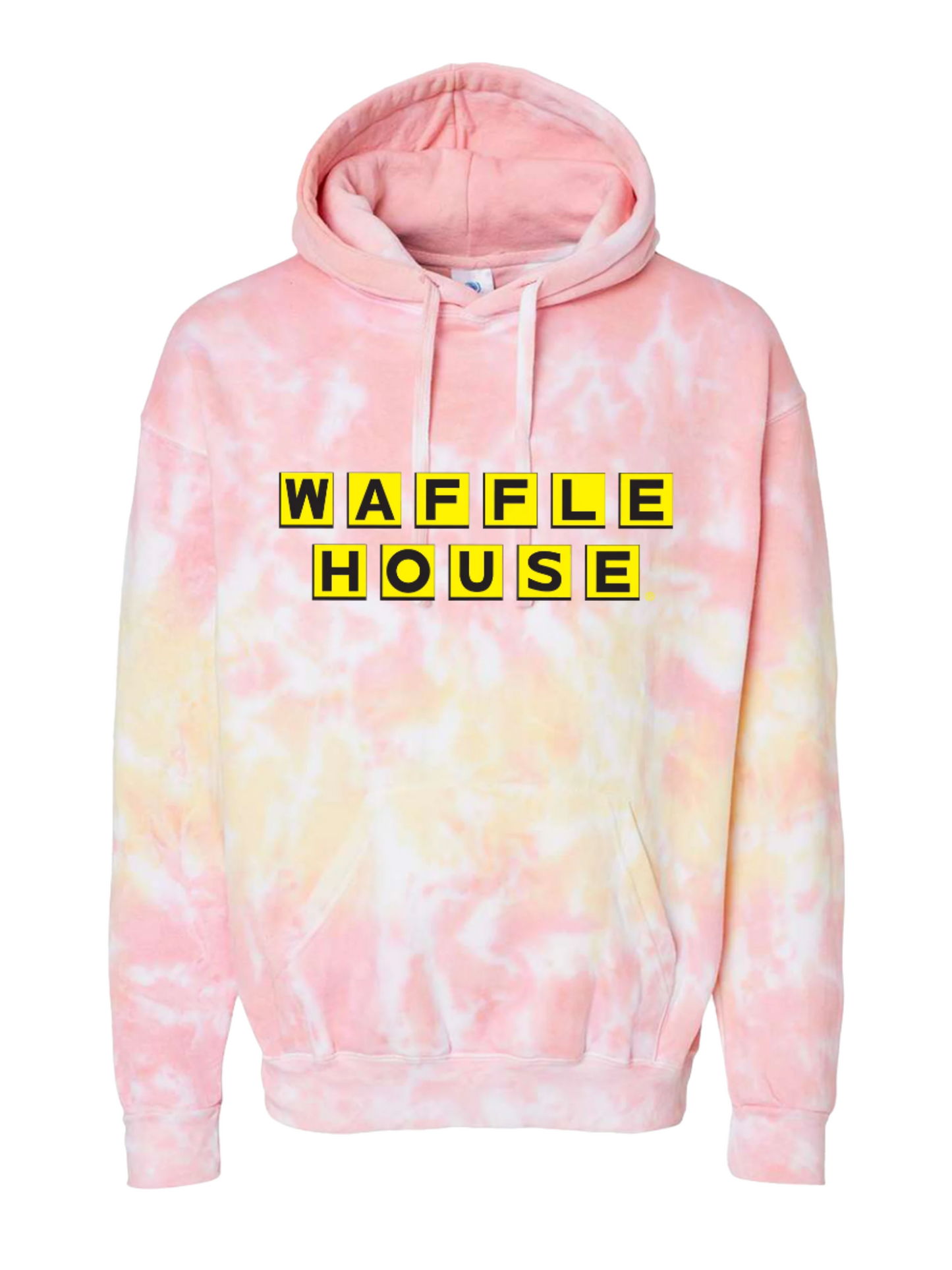 Tie-dye hoodie with 'Waffle House' text on a white background
