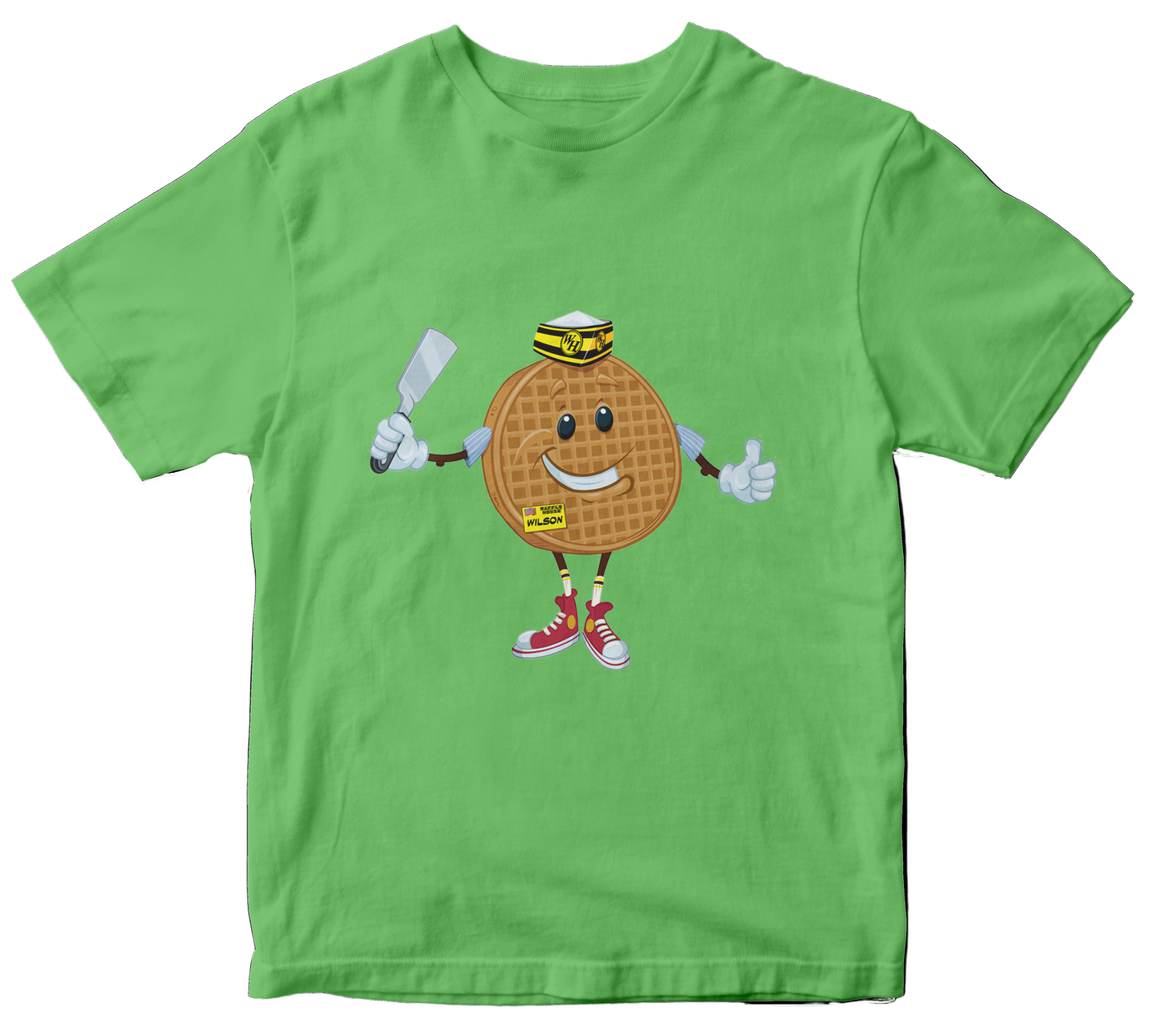 Apple green t-shirt with Wilson Waffle holding a spatula