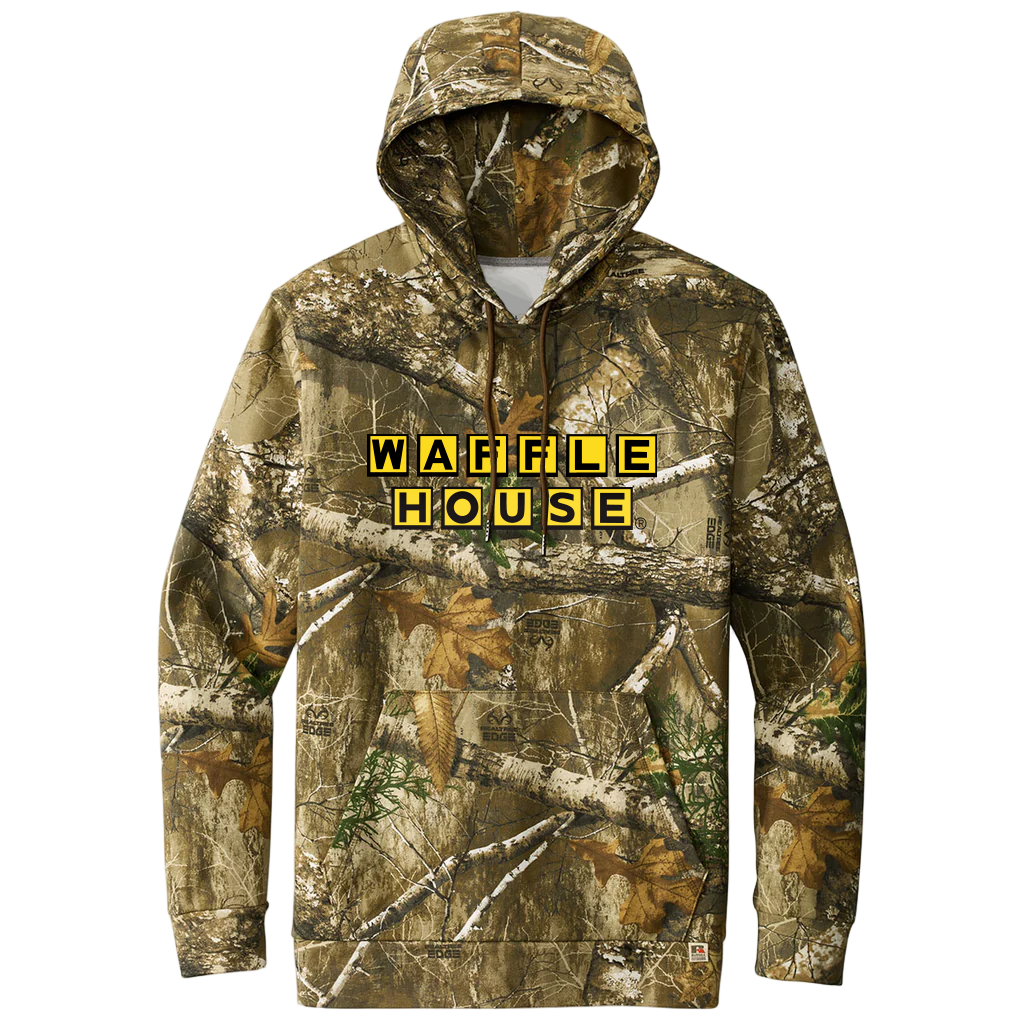 Realtree Camo Hoodie with standard waffle house logo in black and yellow