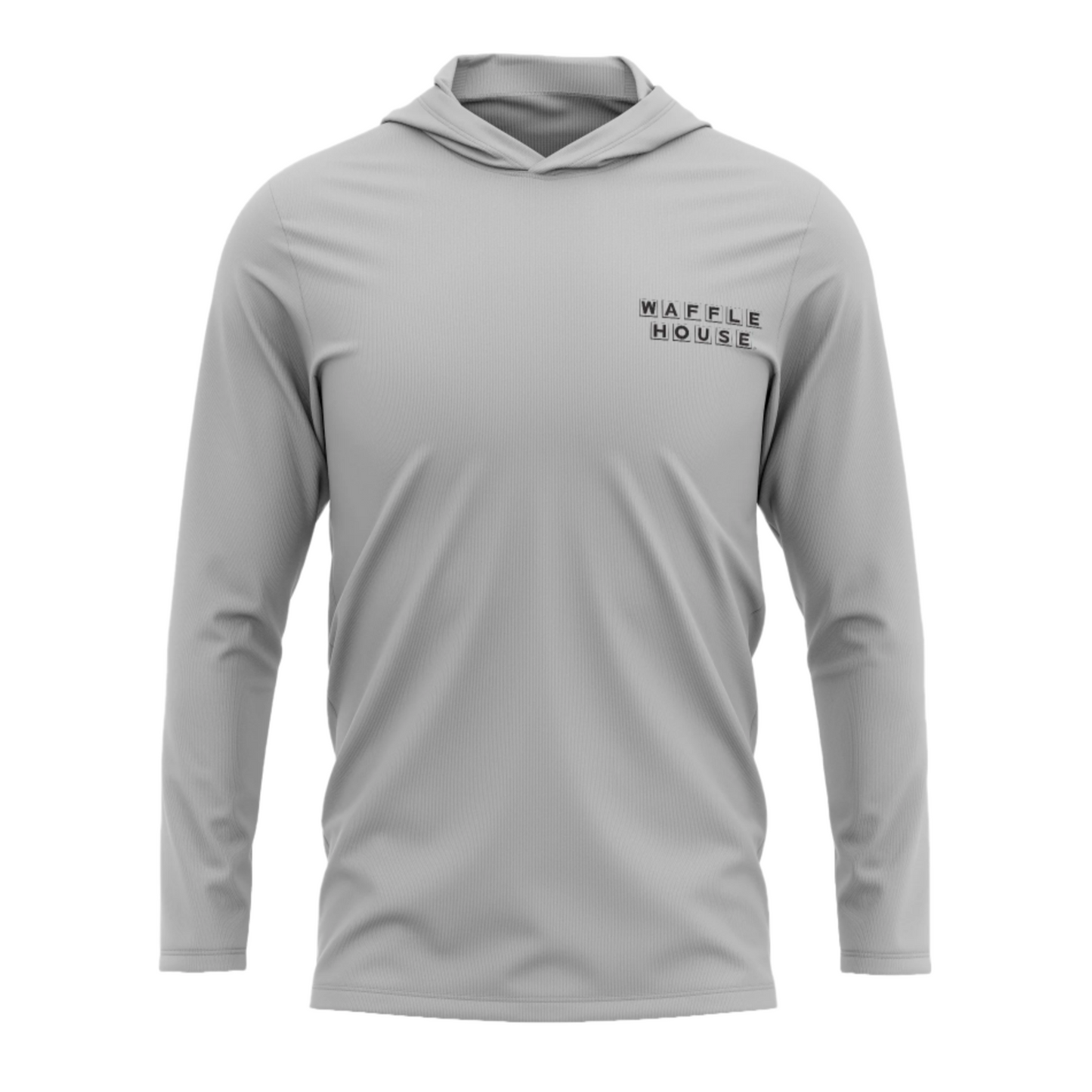 Gray hoodie with 'Waffle House' logo on a white background