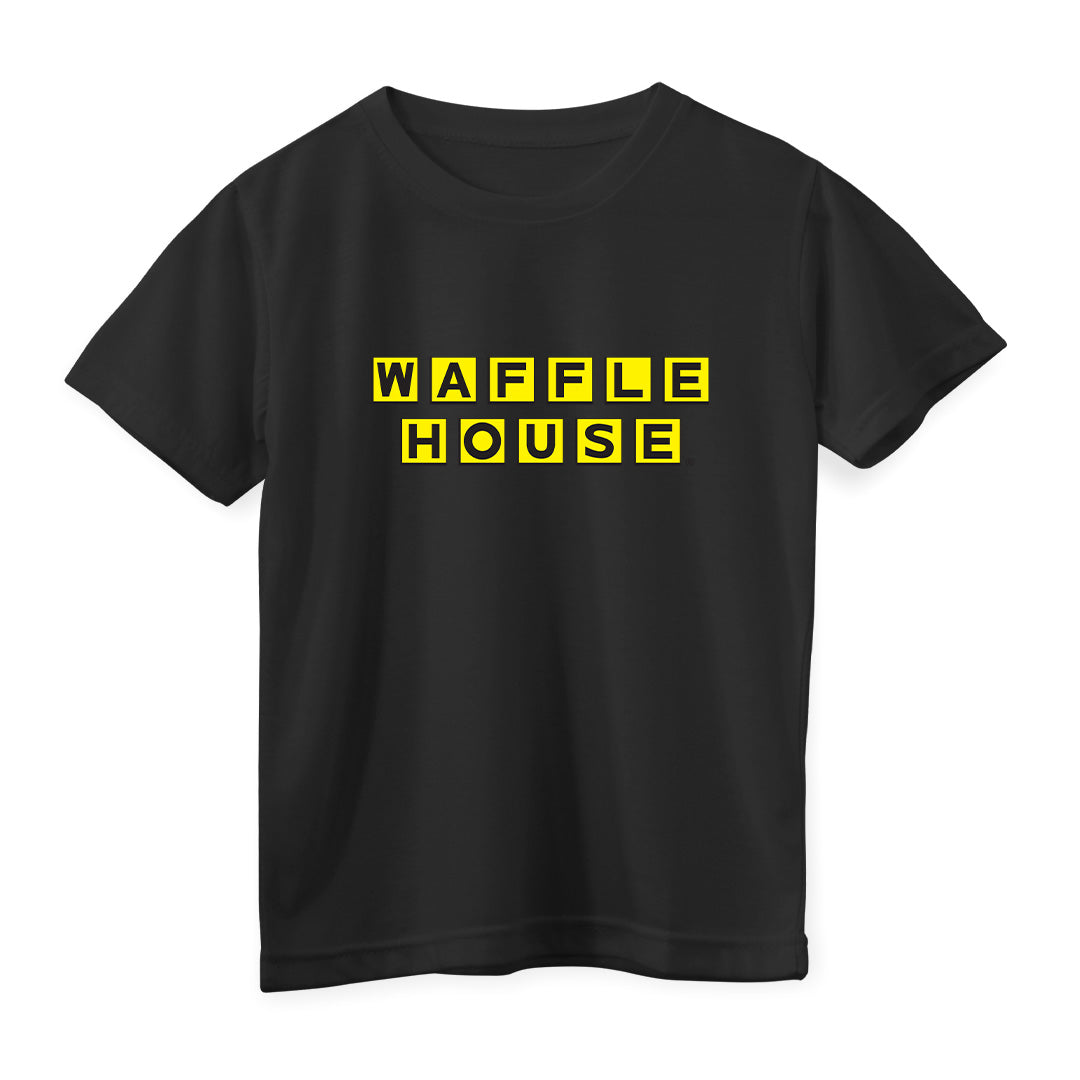black color youth t-shirt with Waffle House logo on front