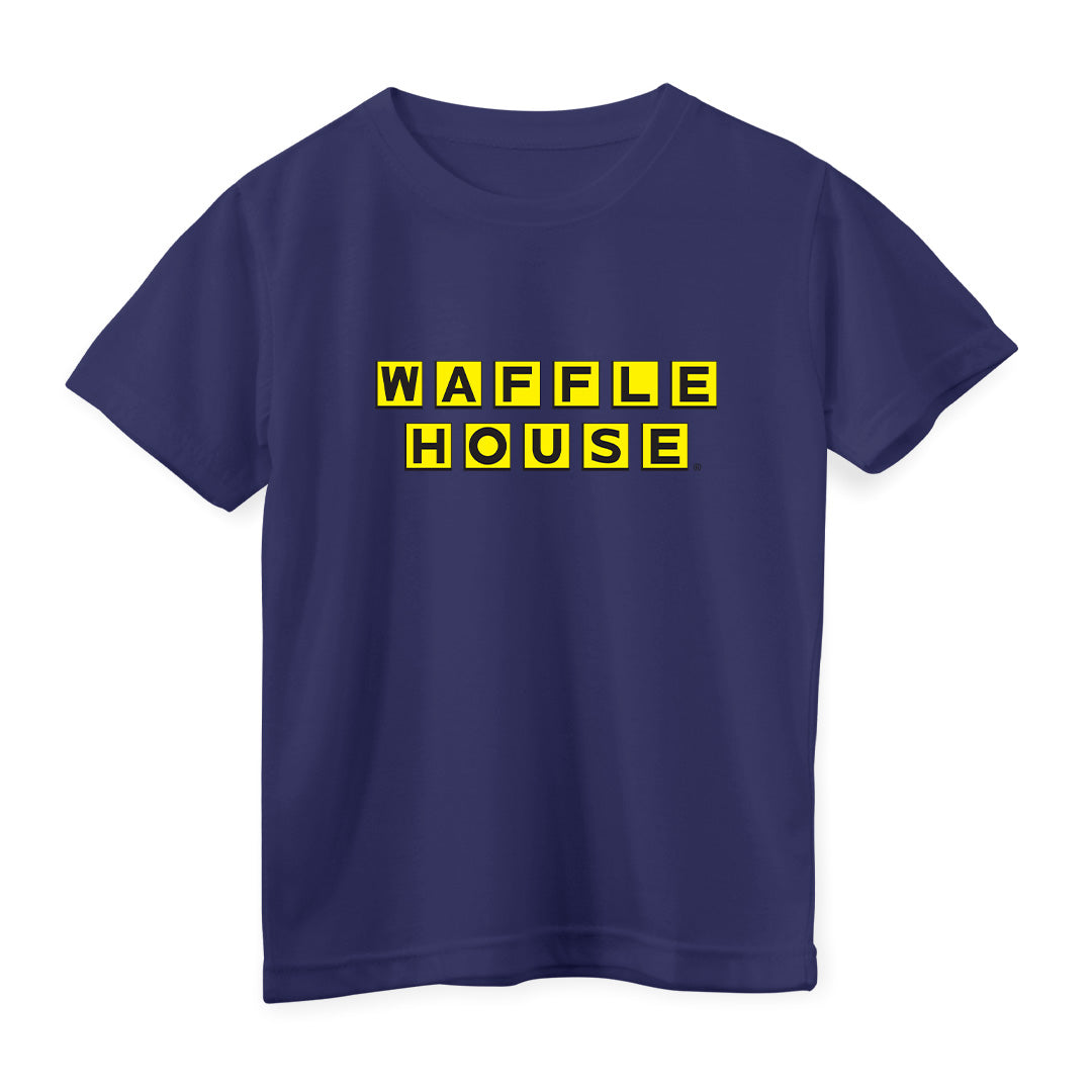 navy color youth t-shirt with Waffle House logo on front