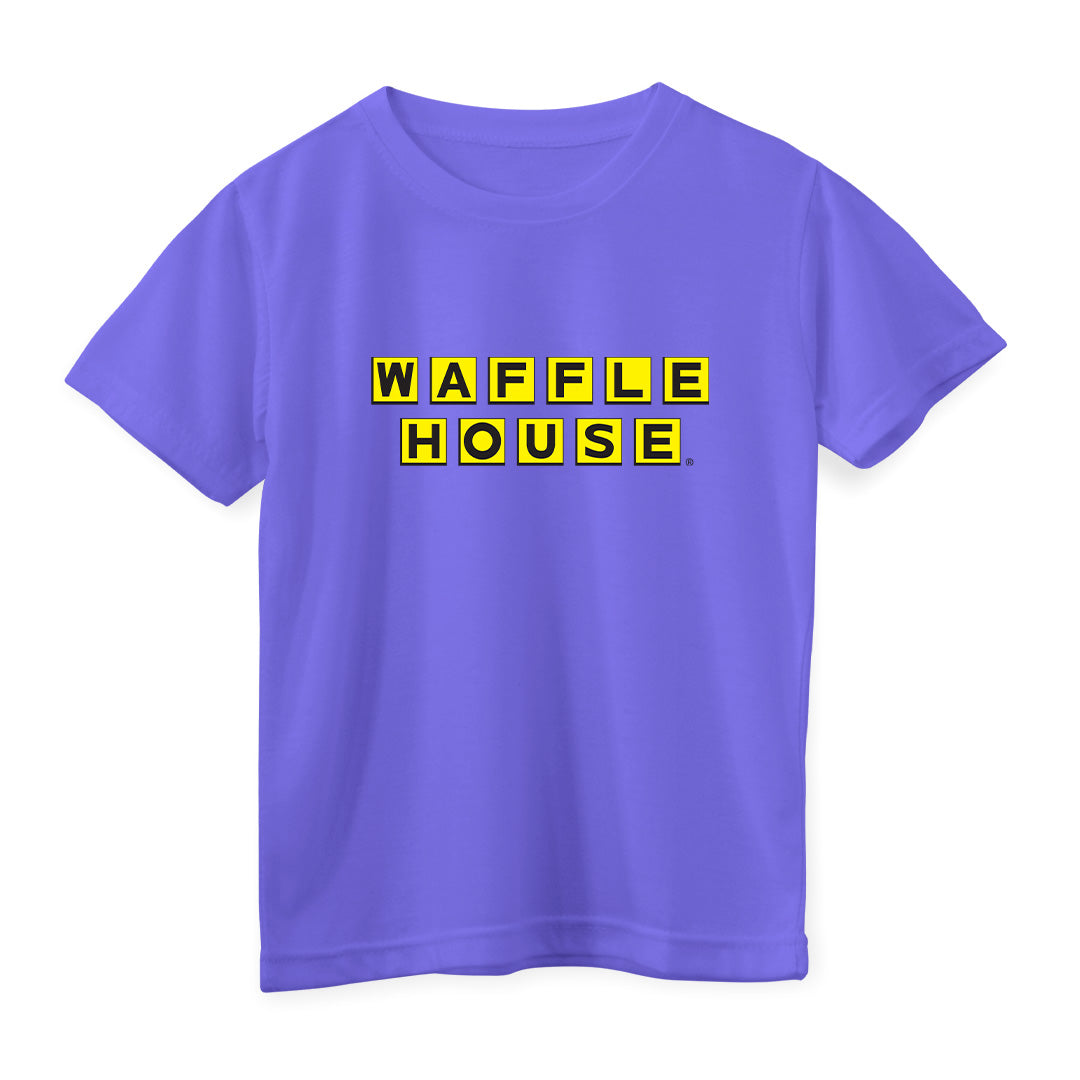 purple color youth t-shirt with Waffle House logo on front