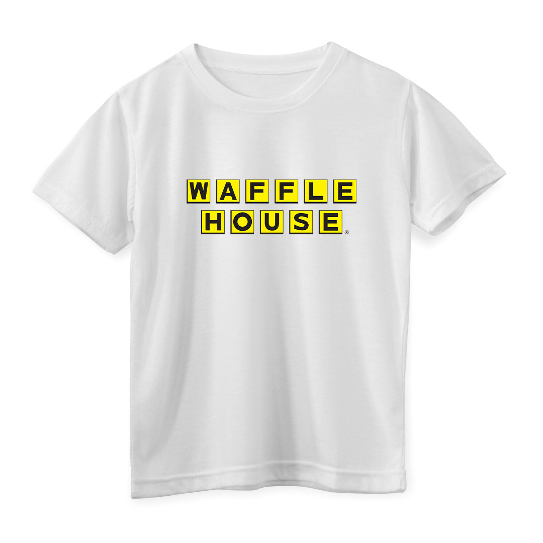 white color youth t-shirt with Waffle House logo on front