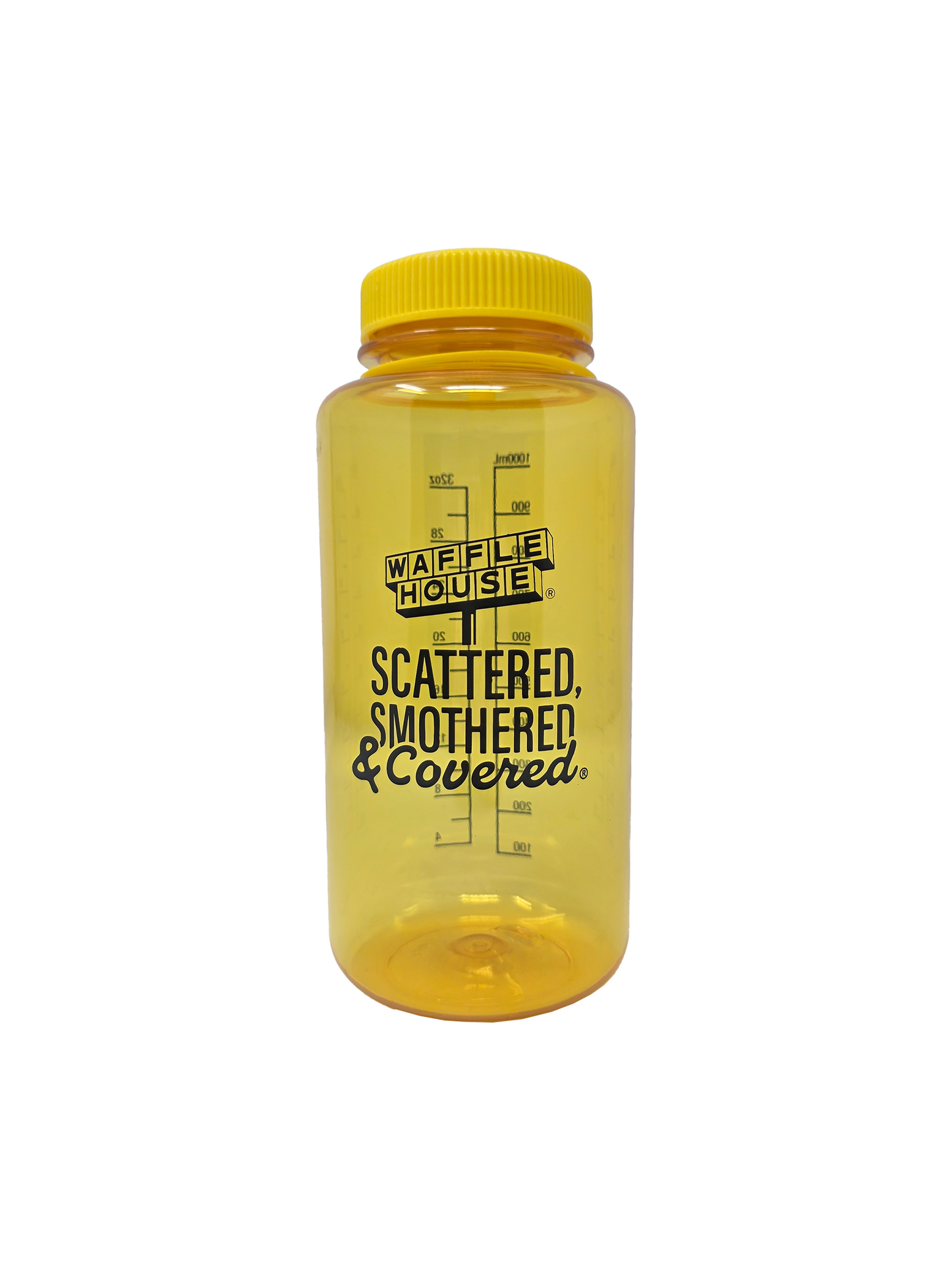 yellow bottle with "Scattered, Smothered & Covered" in black lettering