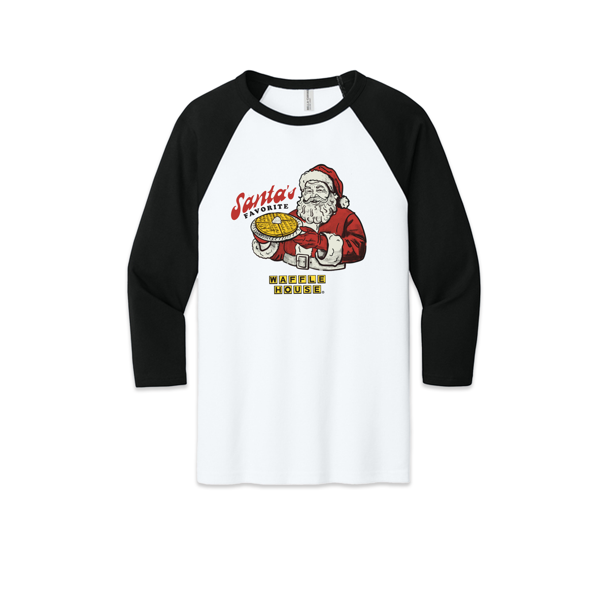 White raglan baseball tee with black three-quarter sleeves, shown flat on a white background. The front reads “Santa’s Favorite” in red script above a vintage illustration of Santa holding a golden Waffle House waffle, with the yellow and black Waffle House logo below.