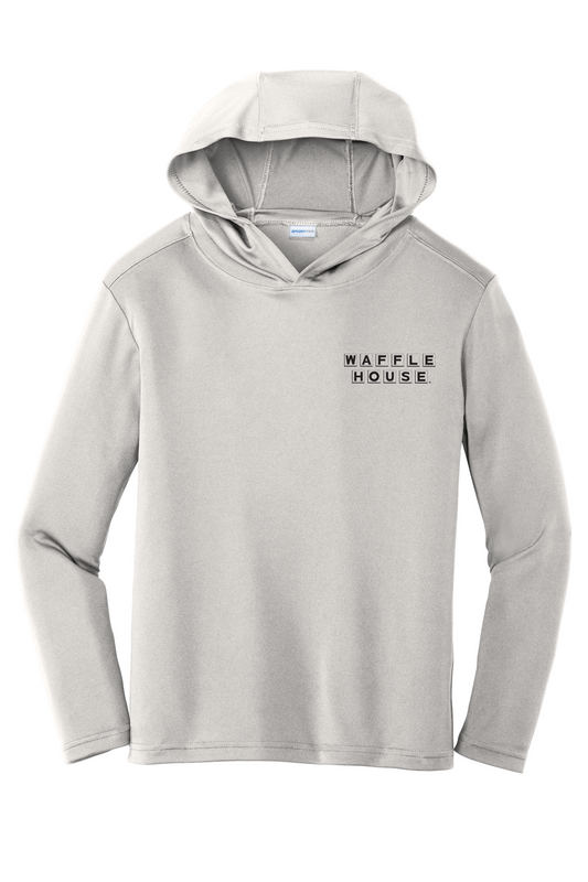 youth long sleeve grey hooded t shirt with black Waffle House logo on left chest